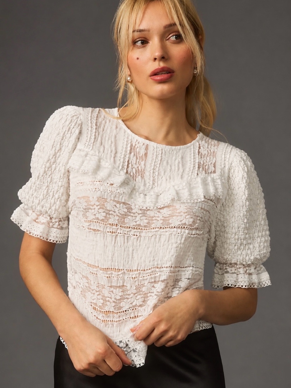 Anthropologie Puff Sleeve Lace Blouse XS Coquette Victorian Career Feminine